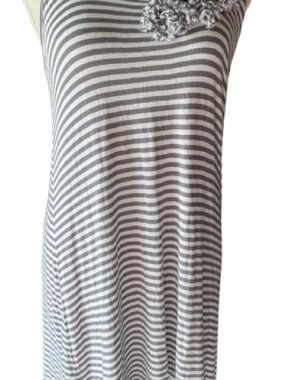 CAbi Striped Sleeveless Tank in Gray and White with Floral Applique